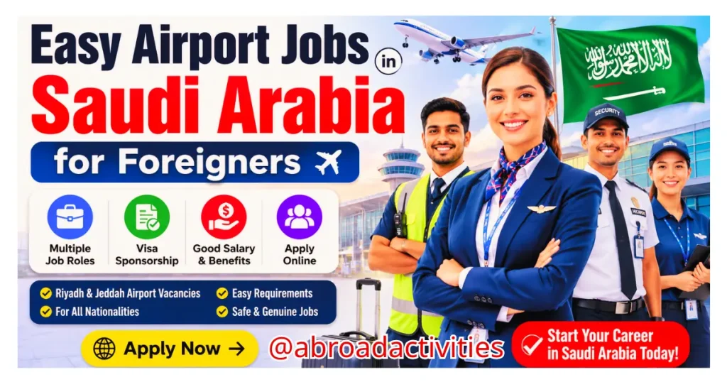 Airport jobs in Saudi Arabia for foreigners 2026 banner with airport staff and job opportunities