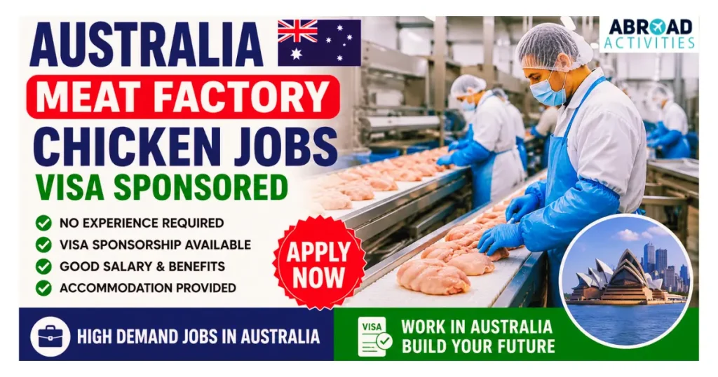 Australia meat factory chicken jobs visa sponsored 2026 job banner with factory workers and apply now recruitment ad