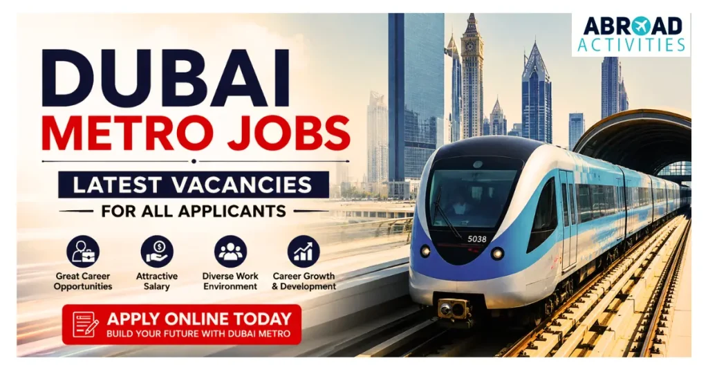 Dubai Metro Jobs 2026 latest vacancies recruitment banner with metro train and skyline